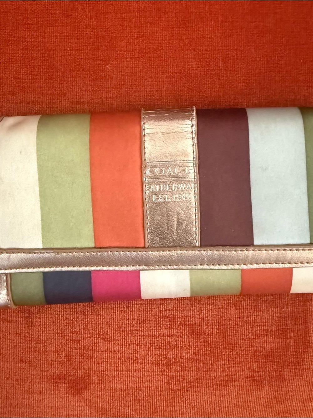 Vintage Coach Multicolor Striped Leather Clutch with Metallic Rose Accent